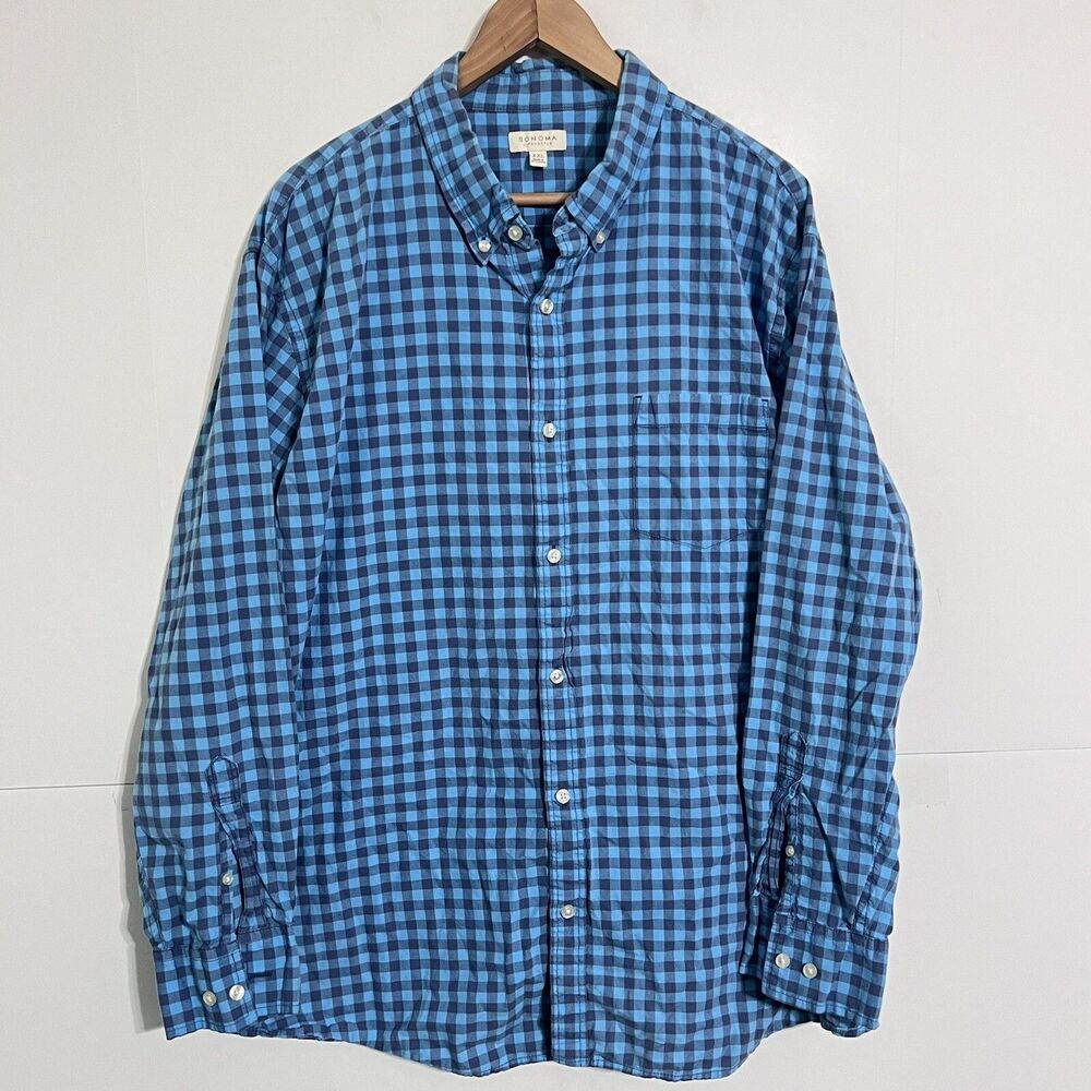 Sonoma Mens Shirt Size 2XL Blue Check Chambray Long Sleeve Button Up